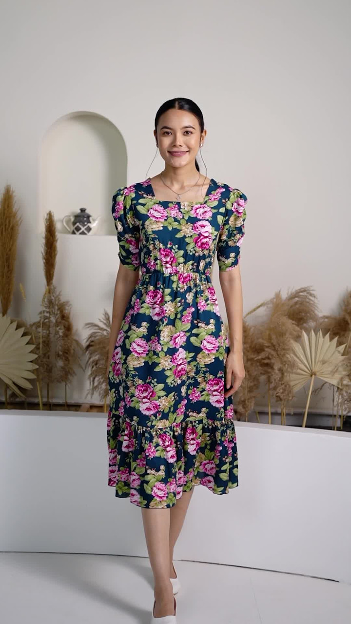 AASK Women Fit and Flare Dark Blue, Pink Below Knee Dress