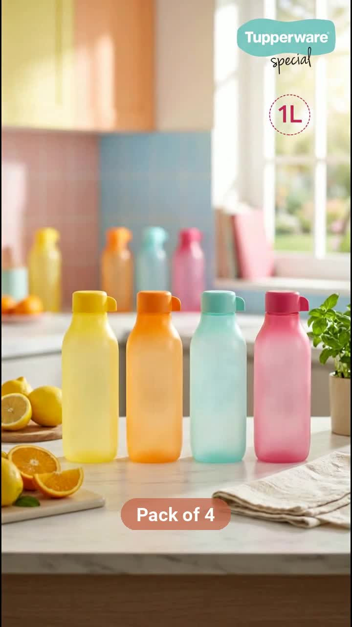 TUPPERWARE SQUARE BOTTLE 1L SET OF 4 ( ROUND CAPE ) 4000 ml