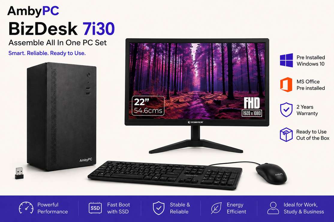 Ambypc BizDesk 7i30 All‑in‑One PC – Core i7, 8 GB DDR3, 256 GB SSD, 21.5″ Full HD, Windows 10 Pro, Keyboard & Mouse, 1 + 1 Year Warranty