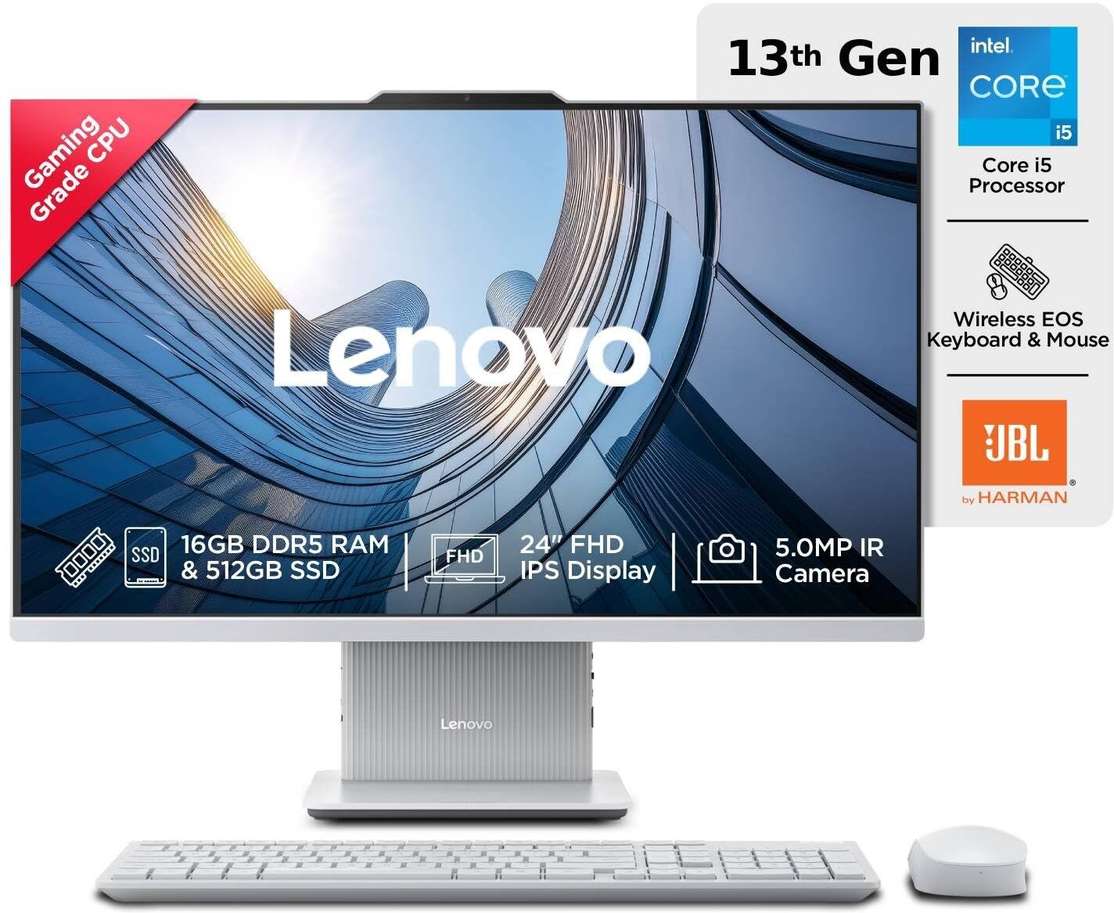 Lenovo IdeaCentre AIO 24‑inch Core i5 (16 GB DDR5, 512 GB SSD) with Windows 11 Home & MS Office – INR 986