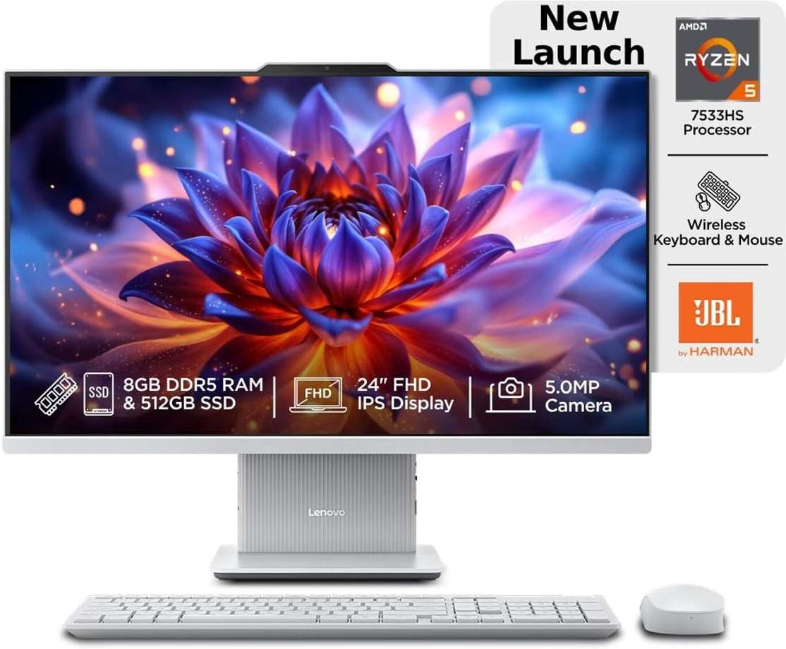 Lenovo Ideacentre AIO Ryzen 5 – 23.8″ Full‑HD PC with 8 GB DDR5, 512 GB SSD & MS Office at ₹79,899
