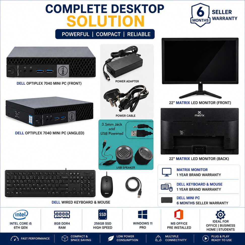 Dell 22‑Inch All‑In‑One PC with i5‑6th Gen, 8 GB DDR4, 256 GB SSD, Windows 11 & MS Office – ₹26,999