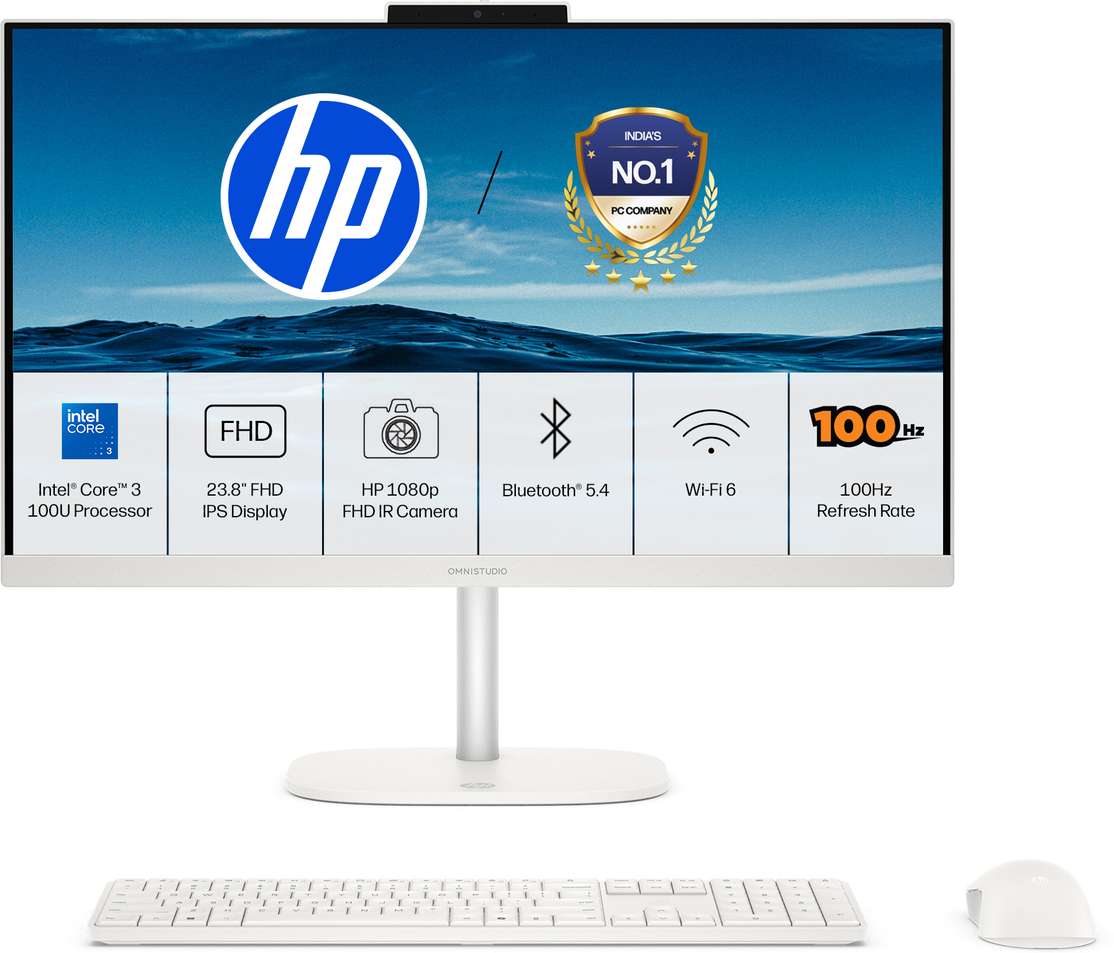 HP OmniStudio Core i3 All‑in‑One Desktop with 8 GB DDR5, 512 GB SSD, Windows 11 Home – ₹1,277 (Cotton White)