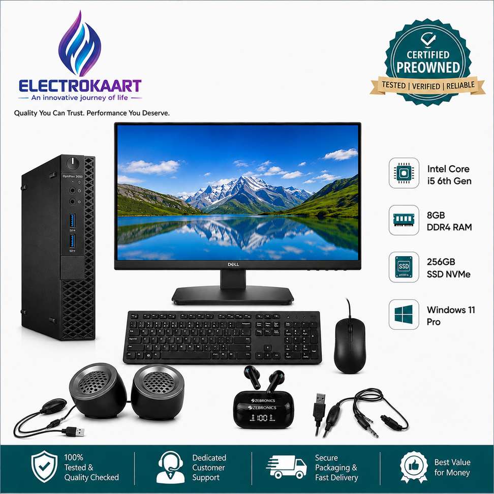 Dell Intel Core i5 7th Gen 8 GB DDR4 256 GB SSD Windows 11 Home 22‑inch All‑in‑One Mini PC with Keyboard, Mouse, Pluto Speaker, Air Buds & MS Office