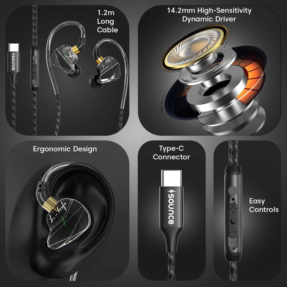 sounce Type-C Wired Earphones 14.2mm Driver - Image 3