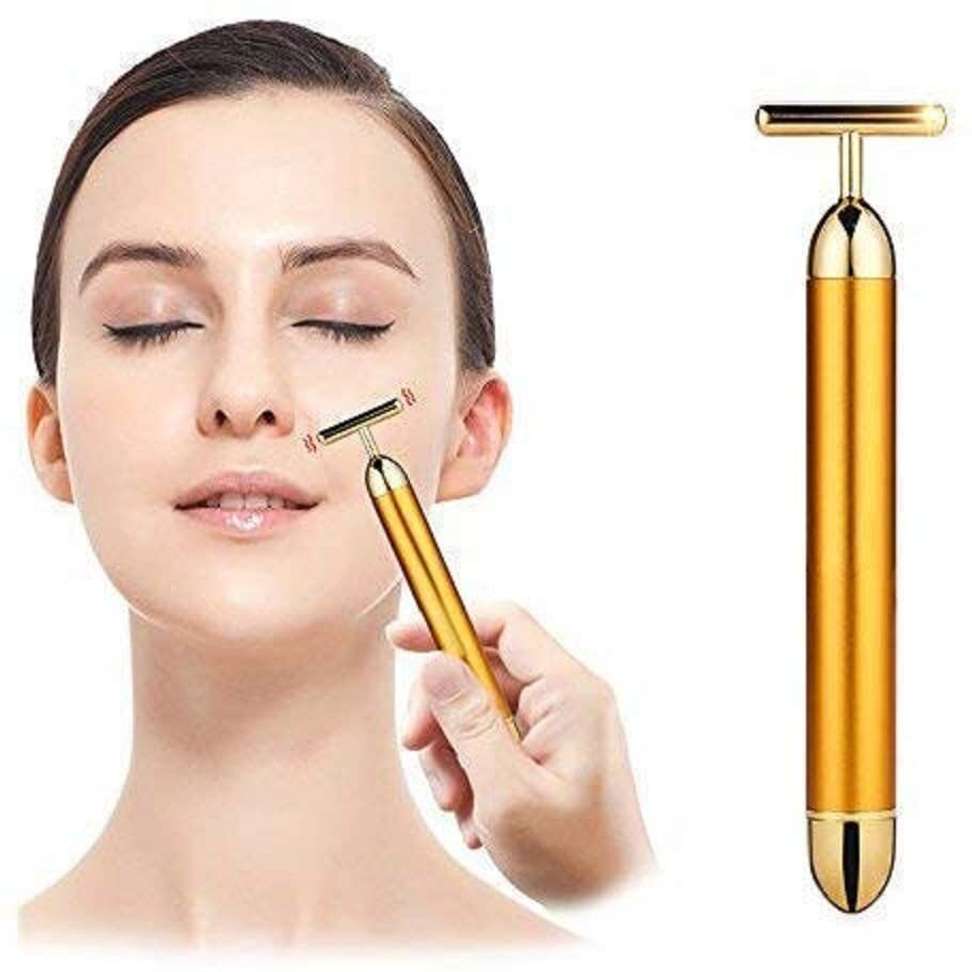 Buyer Choice T Shaped Anti Wrinkle Massager Forehead Cheek Neck Clavicle Arm Leg Gold Energy Beauty Bar Electric Vibration Facial Massage Roller Face Skin