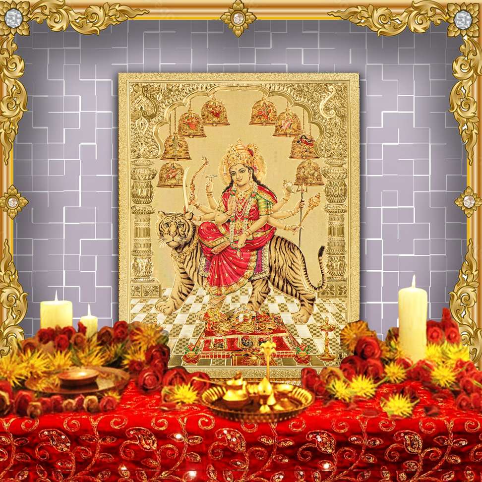 Durga Devi NavDurga Sherawali Gold Plated Foil Embossed photo (5x7inch ...