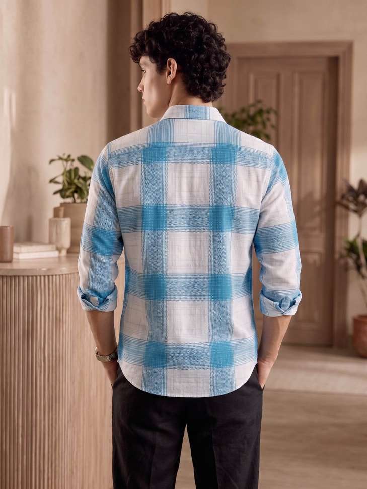 Shopsy ZONANZA Men Checkered Casual White, Blue Shirt - Image 3