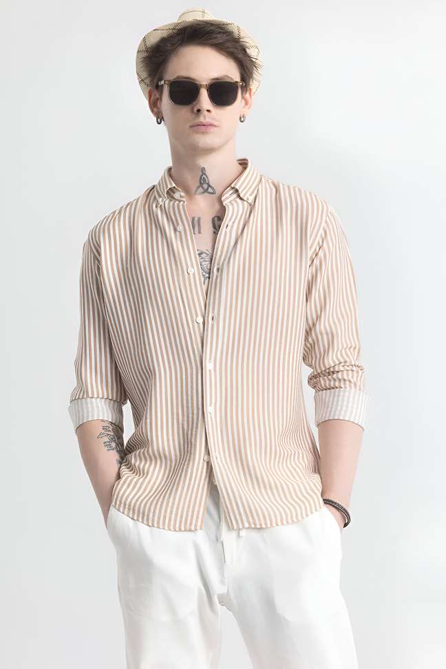 Rodeiz Men Striped Casual Cream Shirt