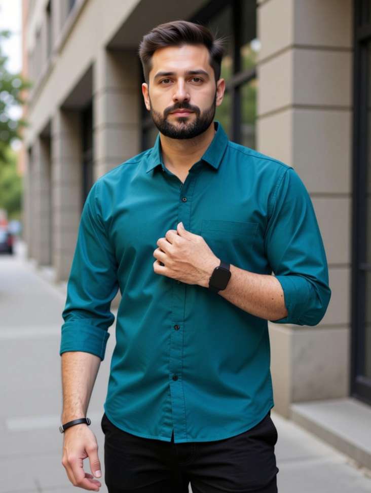 Closwif Men Solid Casual Dark Blue Shirt