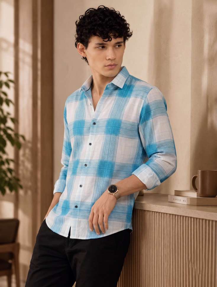 Shopsy ZONANZA Men Checkered Casual White, Blue Shirt - Image 4