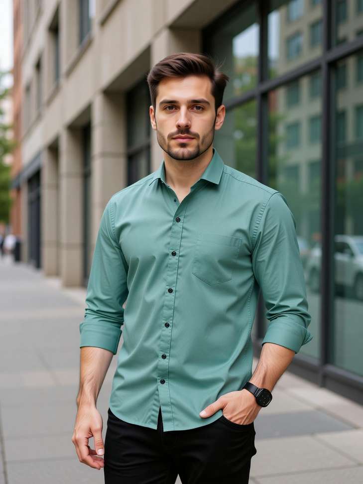 Closwif Men Solid Casual Light Green Shirt