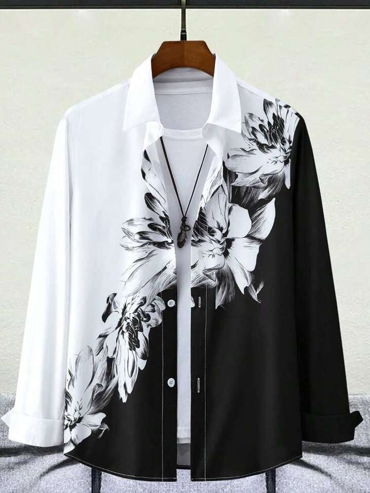 Shopsy fitoda fashion Men Self Design Casual Black, White Shirt - Image 2