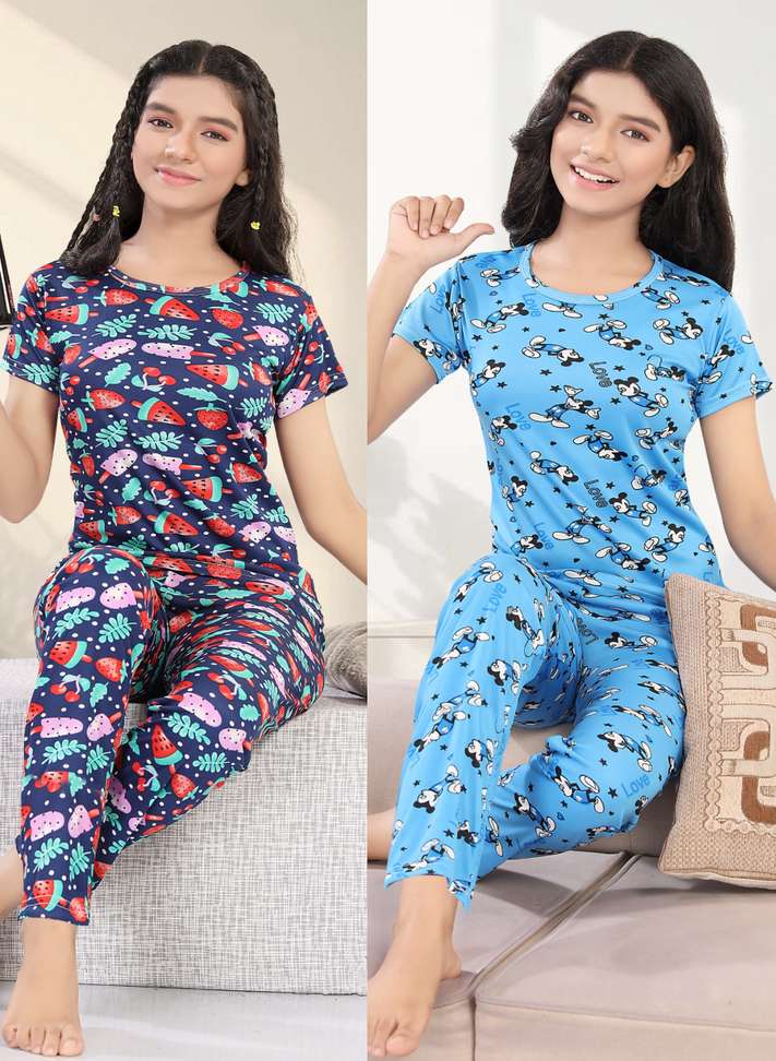 SIDWA Kids Nightwear Girls Satin Blend Top & Pyjama Set (Pack of 2)