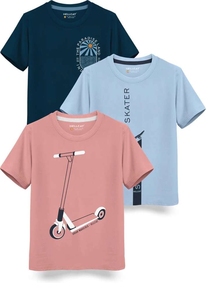 Hellcat Boys Printed Cotton Blend Regular T Shirt (Blue, Pack of 3)