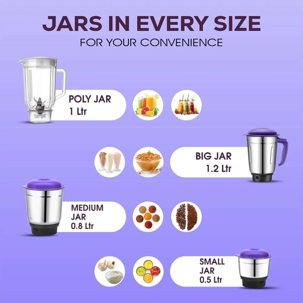 Moonstruck 750 Mixer Grinder (4 Jars, Purple) - Image 8