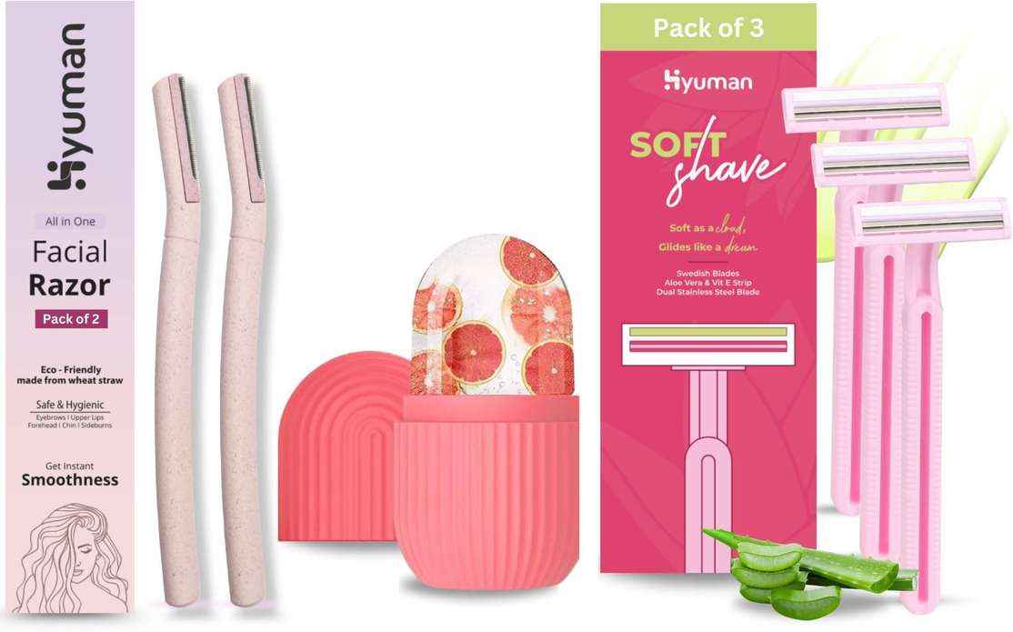 Hyuman Face Razor 2 + Ice Roller + SoftShave Razor Pack of 3 (Pack of 3)