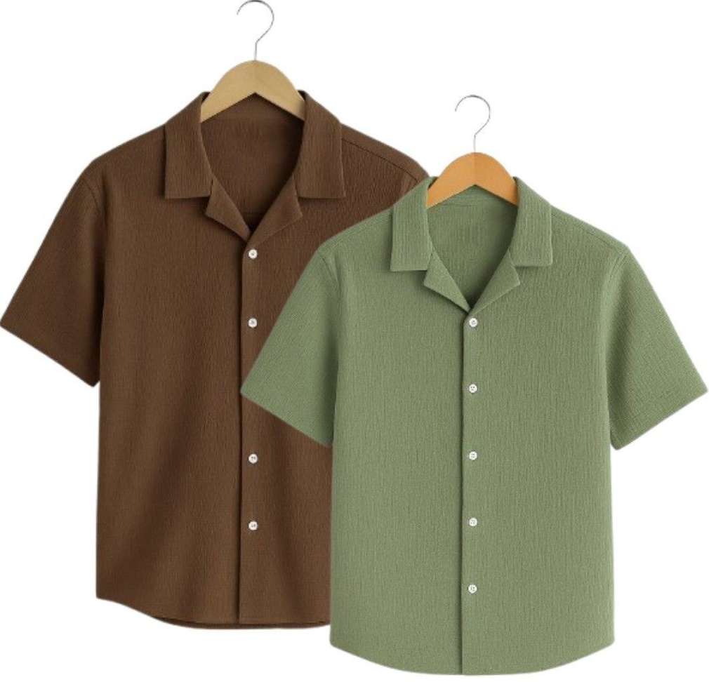 Tibakkdi Men Solid Casual Brown Green Shirt