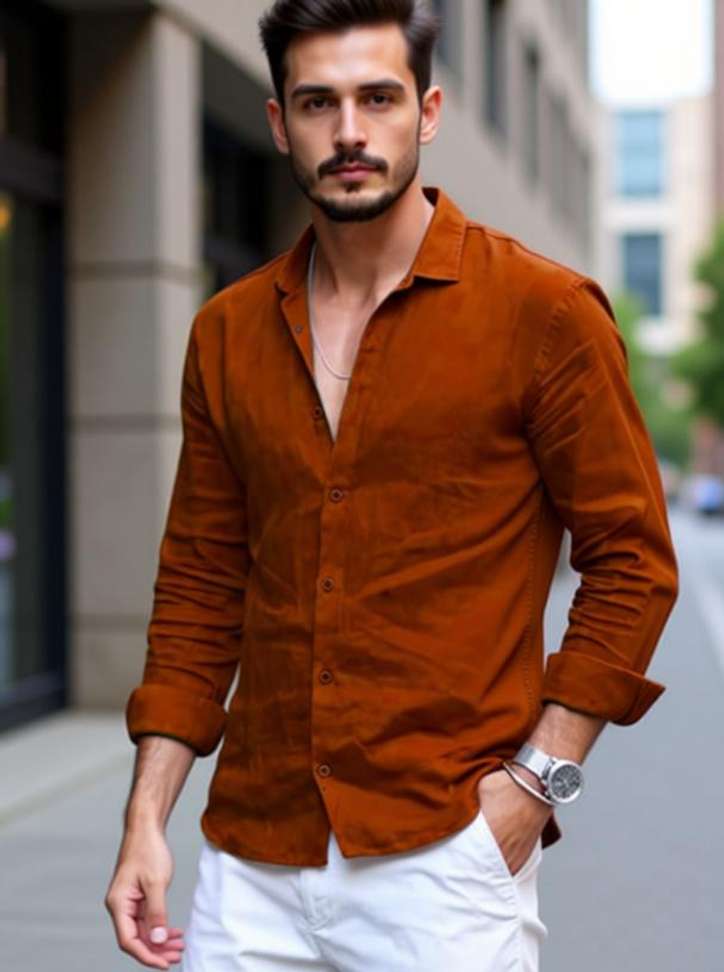 Boninos Men Solid Casual Orange Shirt