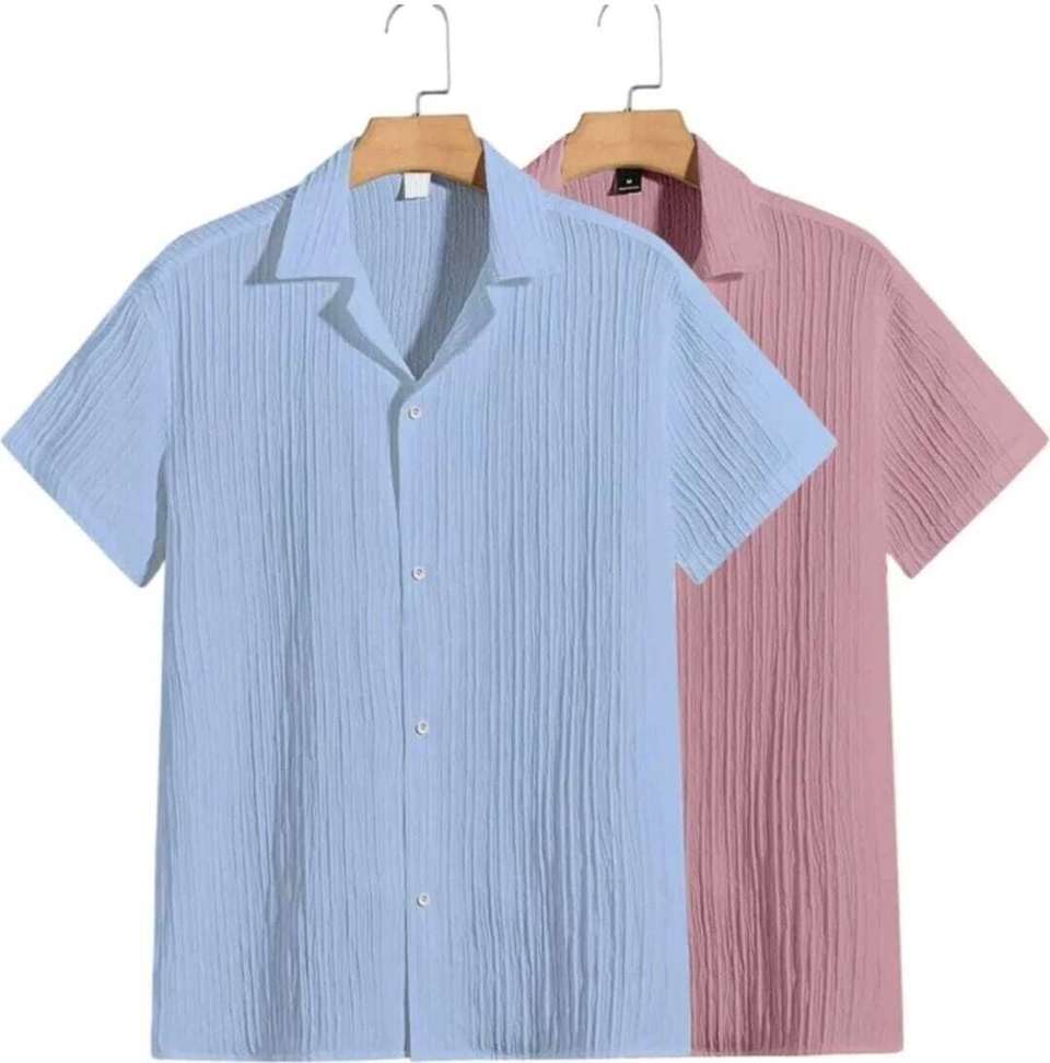 Vrlooks Men Self Design Casual Light Blue Pink Shirt