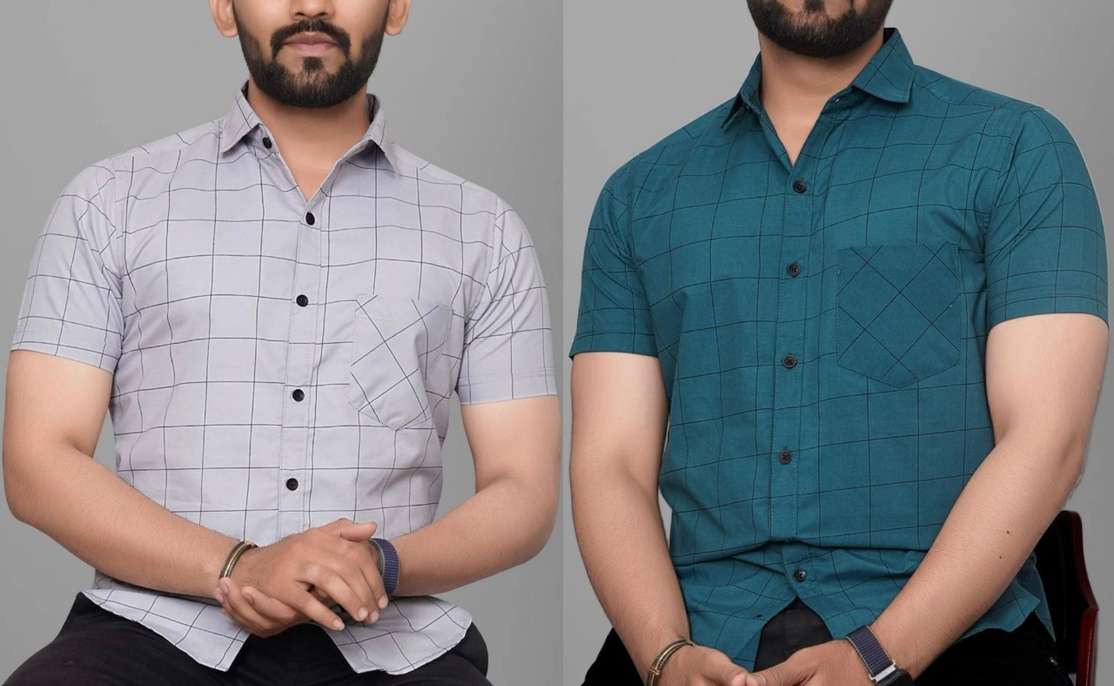 Vrlooks Men Checkered Casual Grey Blue Shirt