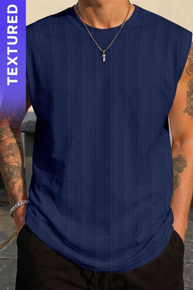 Kajaru Self Design Men Dark Blue T Shirt