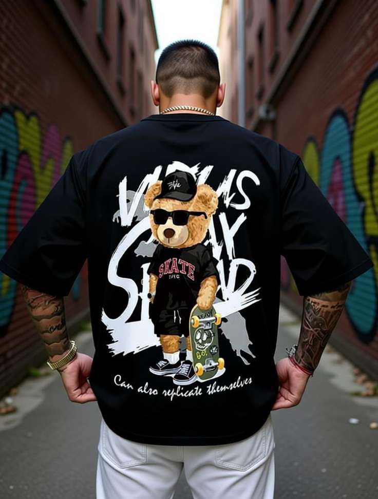 Hip Hop Fashion Printed Men Black T Shirt