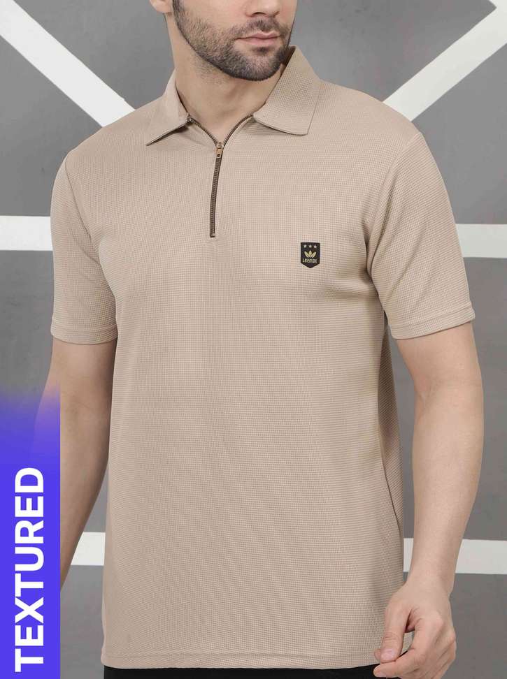 Leemak Self Design Men Beige T Shirt