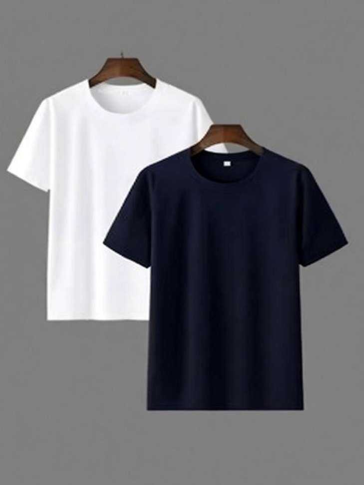 Kaspy Solid Men White Navy Blue T Shirt
