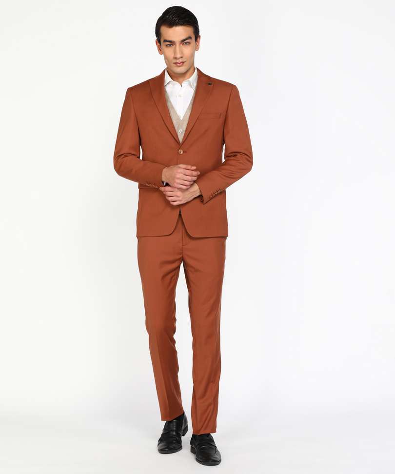 Peter England Single Breasted 2 Button Solid Men Suit