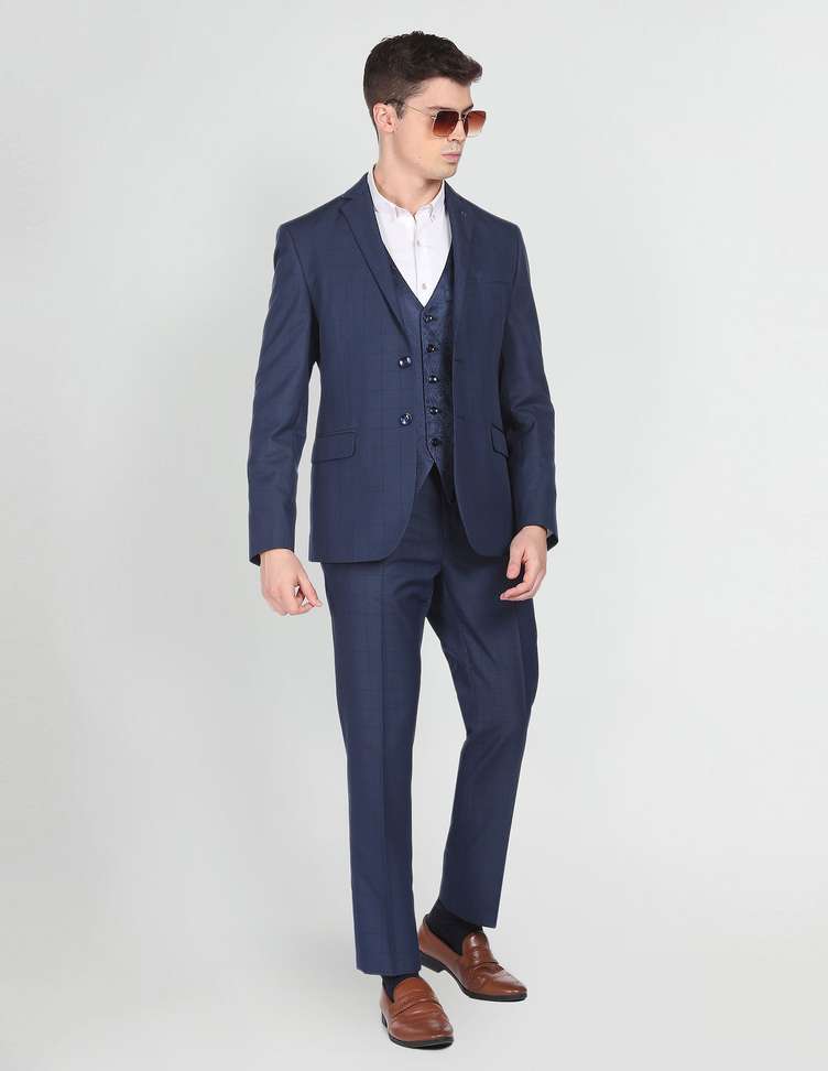 Arrow Men Navy Tailored Fit Reversible Waistcoat Three Piece Suit Checkered