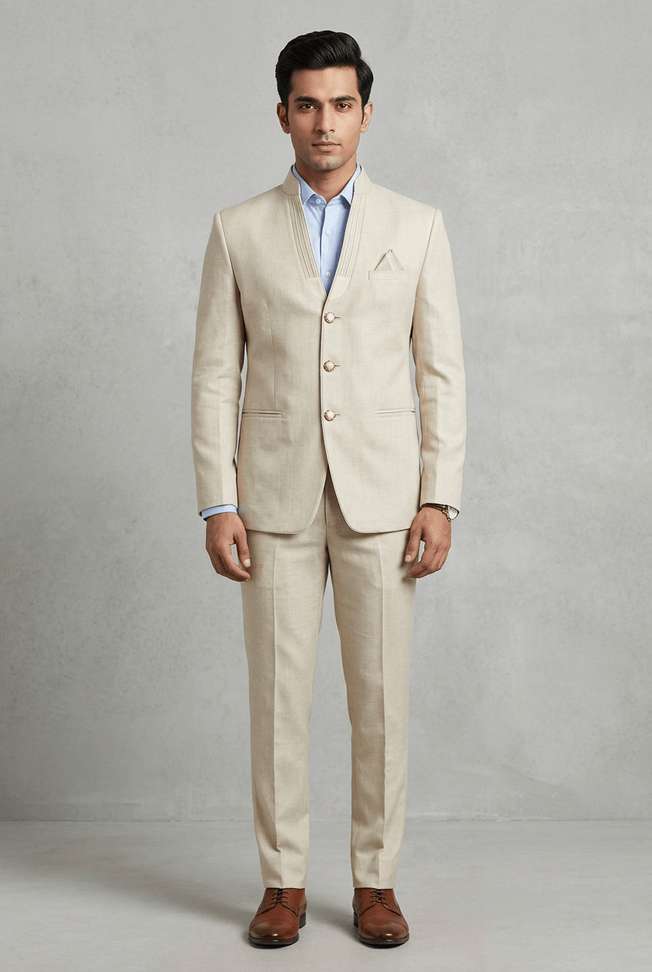 Asthetic Mandarin Solid Men Suit – Slim Fit Wedding Blazer at ₹1,826