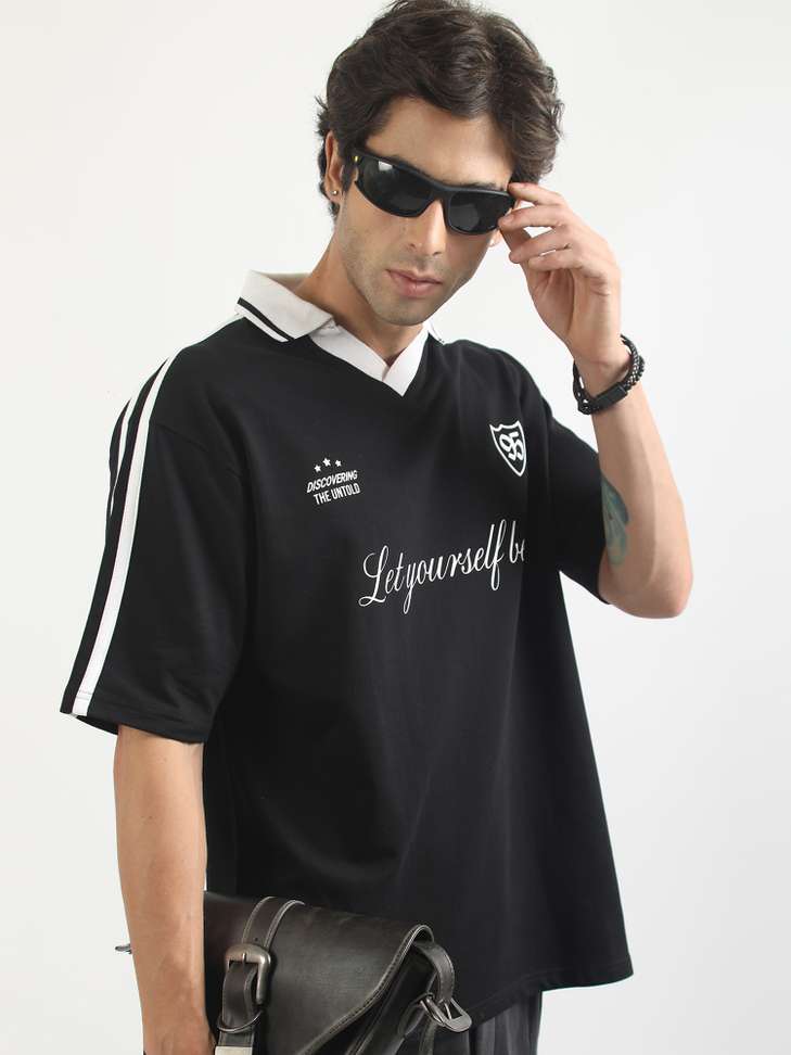 Shopsy MANIAC Men Polo Neck Black T-Shirt - Image 5
