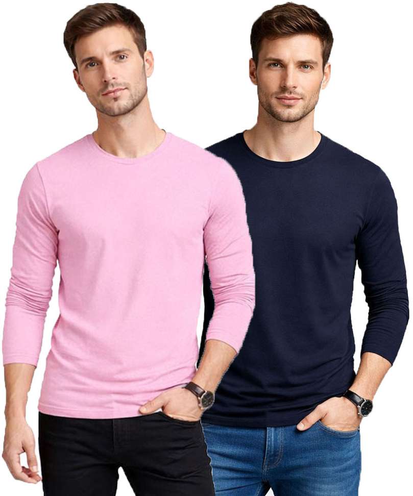 Kroptee Solid Men Navy Blue Pink T‑Shirt – 80% OFF Pack of 2