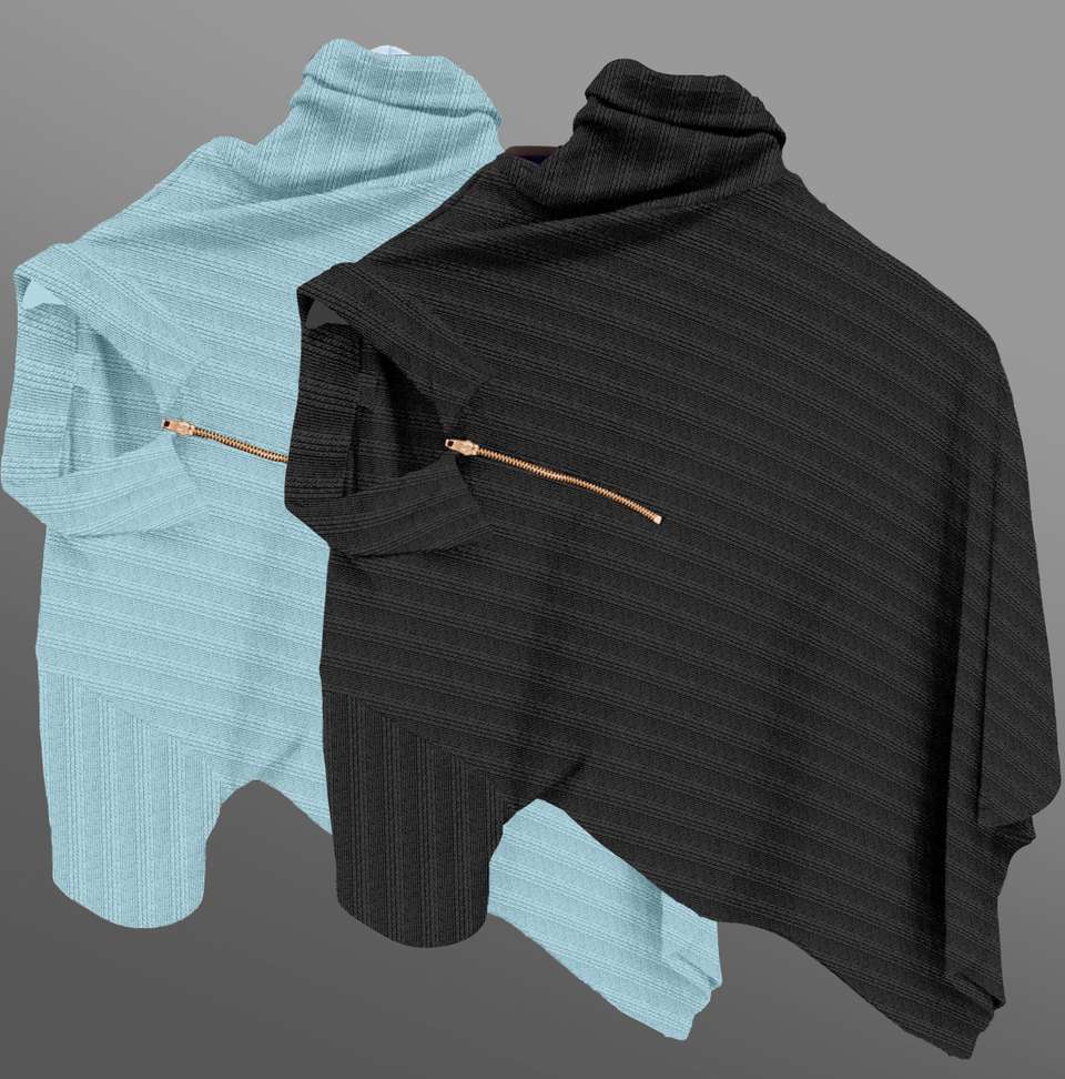 Mozero Self Design Men Zip Neck Black Light Blue T Shirt