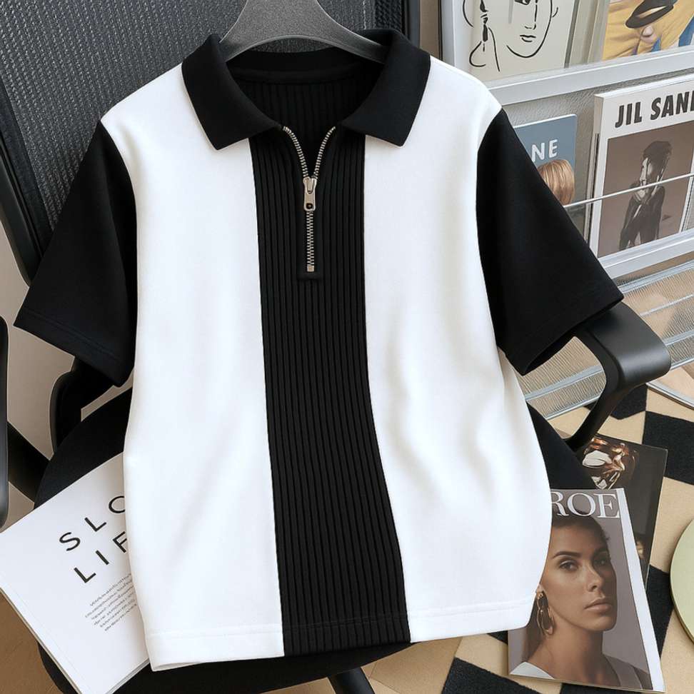 Shopsy Colorblock Men Polo Neck White T-Shirt - Image 2