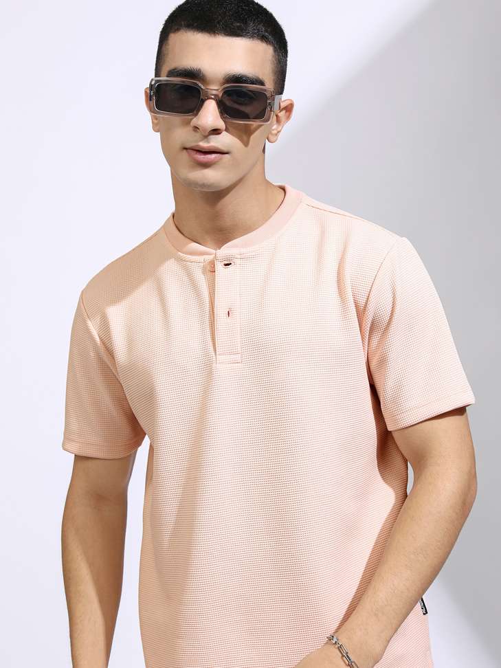 Highlander Self‑Design Men Henley Neck Pink T‑Shirt – 82% Off Deal, Buy Now