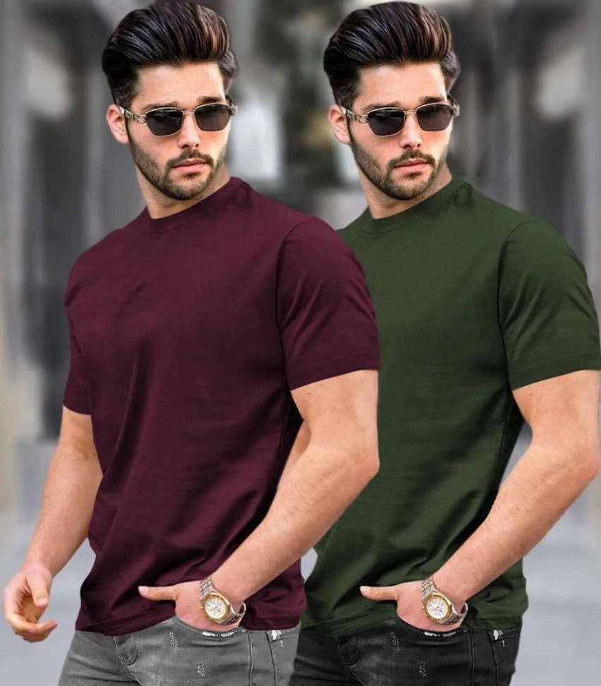 Tripr Solid Men Round Neck Maroon Dark Green T Shirt