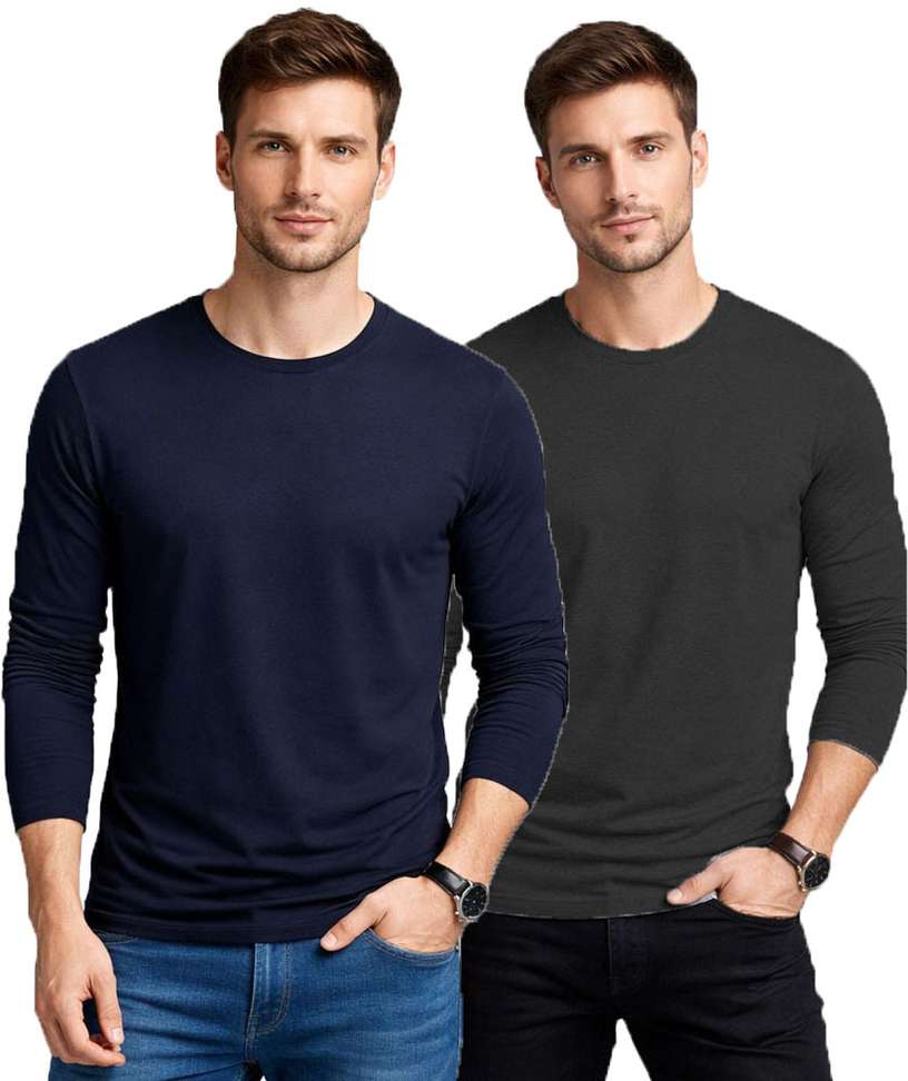 Kroptee Solid Men Grey & Navy Blue T‑Shirt Pack – 80% Off, Lowest Price ₹392