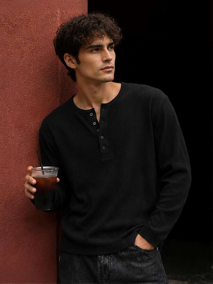 NOOK Self Design Men Henley Neck Black T-Shirt - Image 2