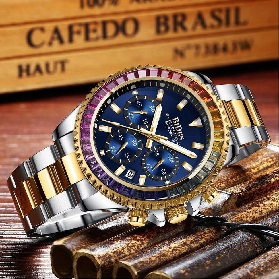 Shopsy BIDEN Mens Chronograph Golden Rainbow Watch - Image 3
