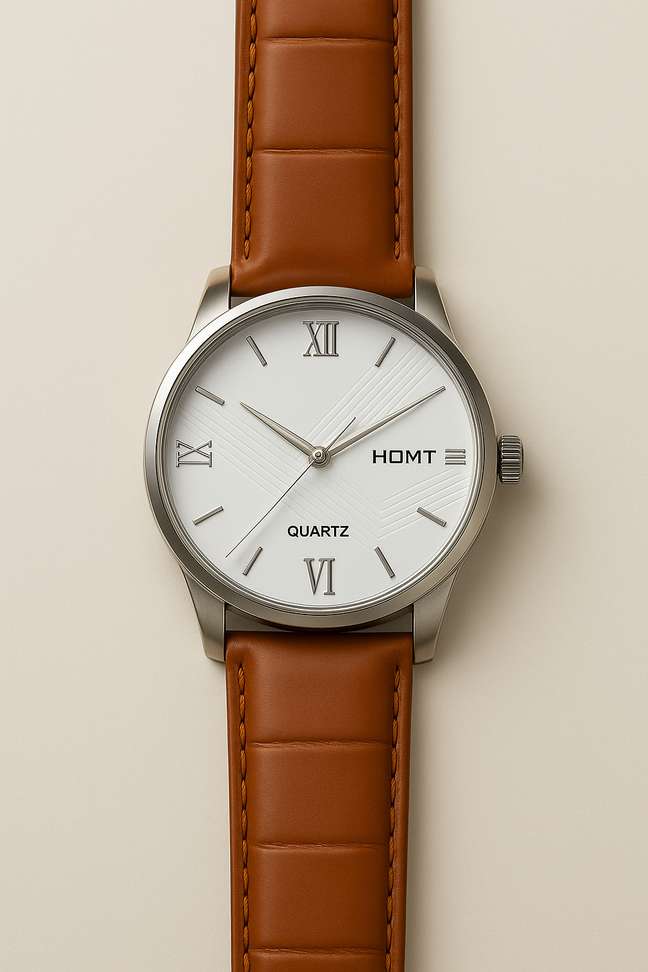 HMT Quartz Casual Wear leather watch for men T1890 Brown Leather White Dial Anal...