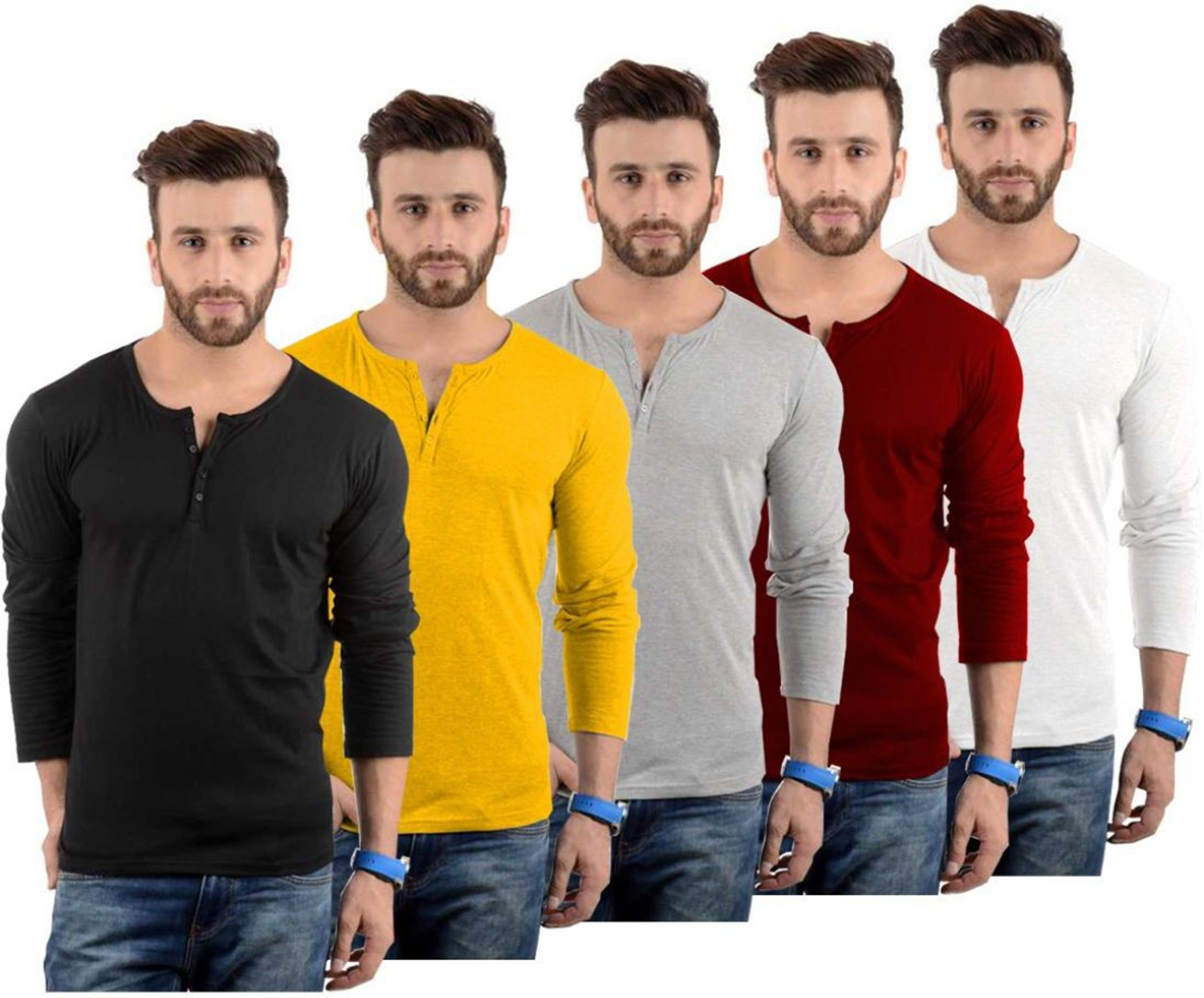 LazyChunks Pack of 5 Men Solid Henley Neck Cotton Blend Multicolor T-Shirt - Image 1