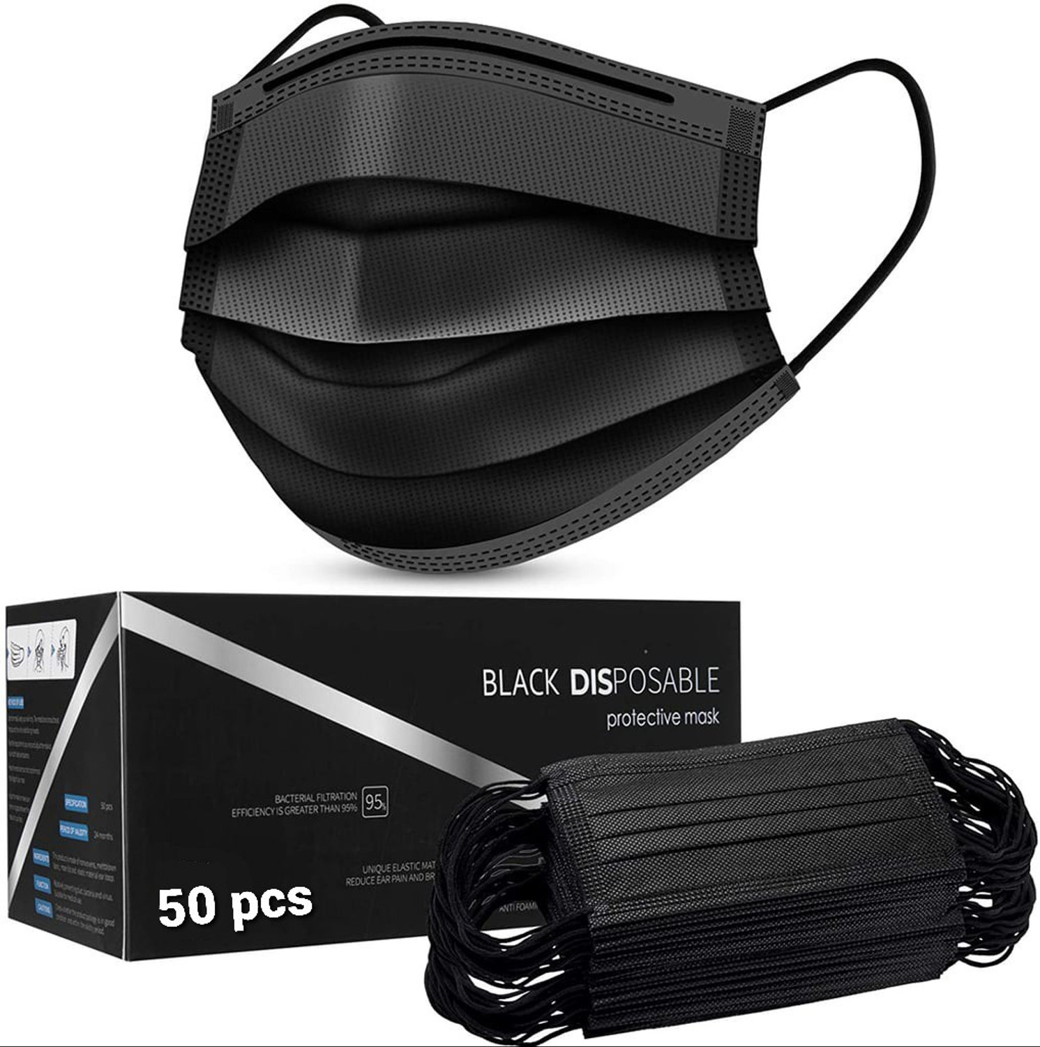 Vaghani 3 Ply Surgical Mask (50 Piece) ( Black ) Surgical Mask With Melt Blown Fabric Layer (Black, Free Size, Pack of 50, 3 Ply) - Image 1