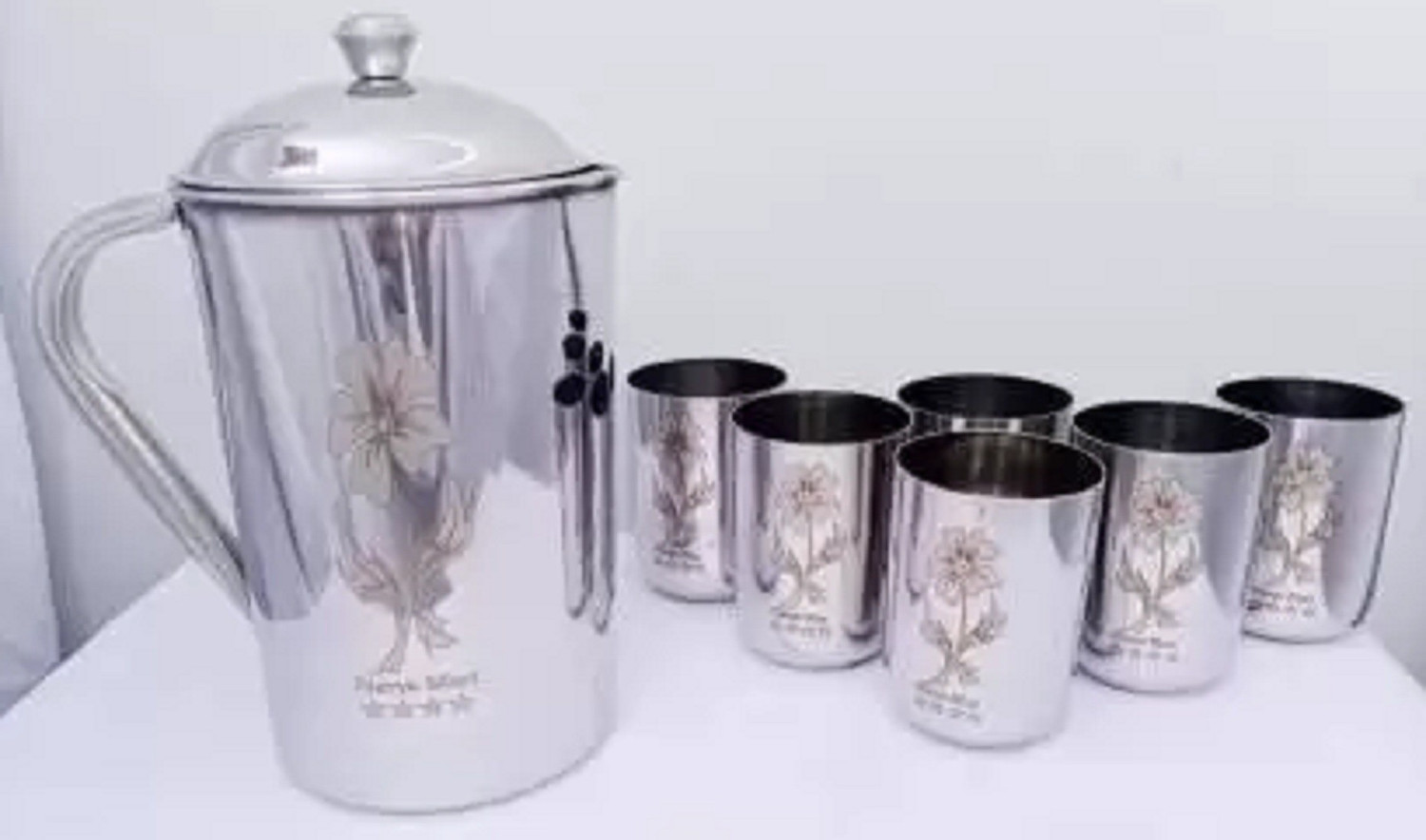 Tactware HIGH QUALITY FLOWER LASER Jug With 6 Pipe Shape Jug Glass Set (à¤¸à¥à¤à¥à¤¨à¤²à¥à¤¸ à¤¸à¥à¤à¥à¤²) - Image 1