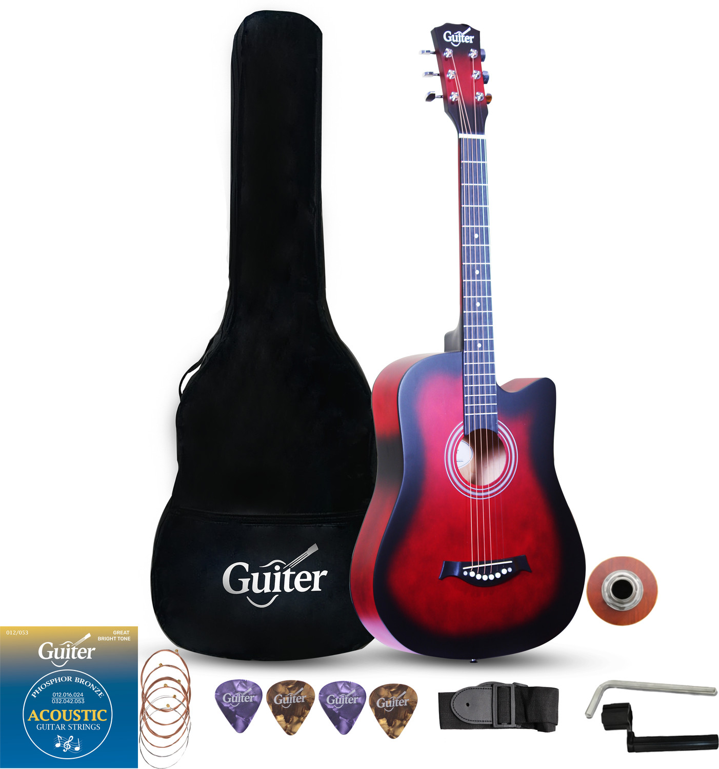 Guiter 38IN-CG Acoustic Guitar with Pickup ,Truss Rod,& Starter kit, Linden & Rosewood Acoustic Guitar Linden Wood Rosewood Right Hand Orientation (Red) - Image 1