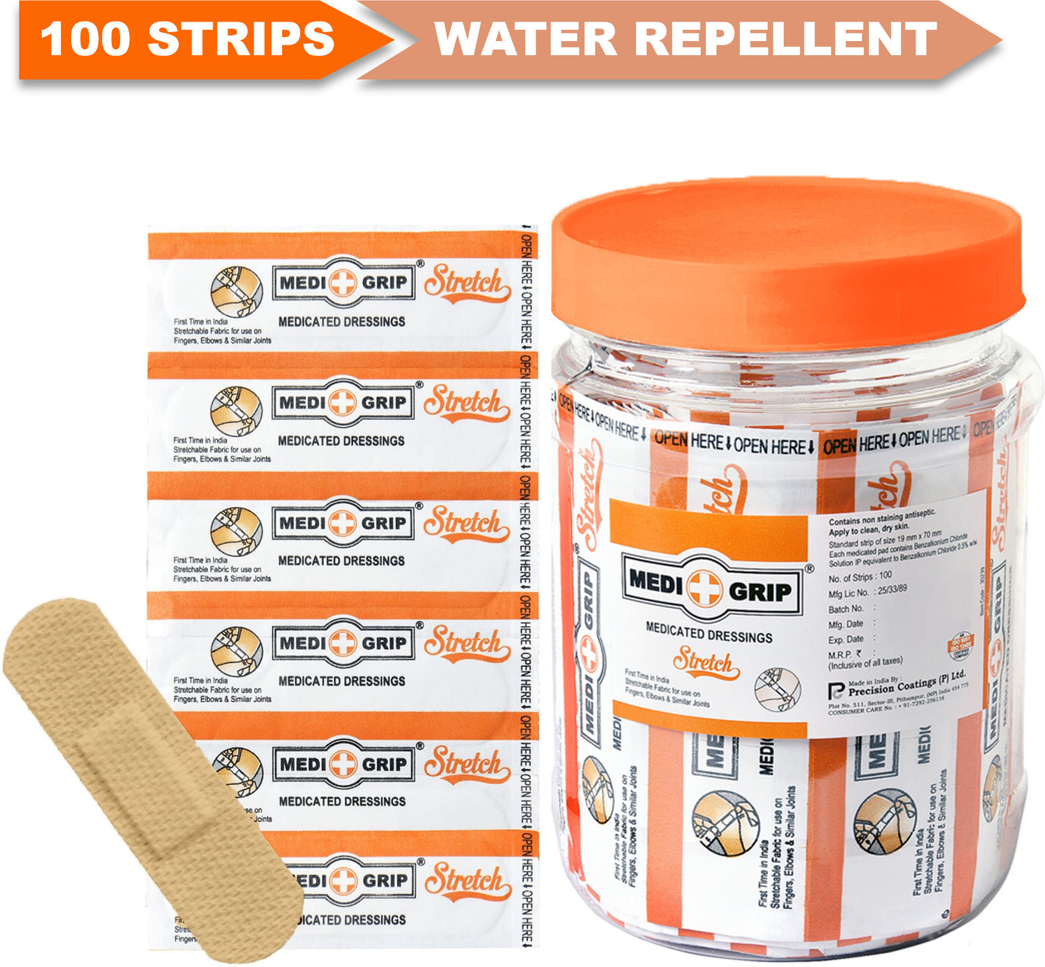Medigrip Stretch First Aid Dressing Fabric (Pack of 100) Strong Adhesion Flexible Adhesive Band Aid (Set of 100) - Image 1