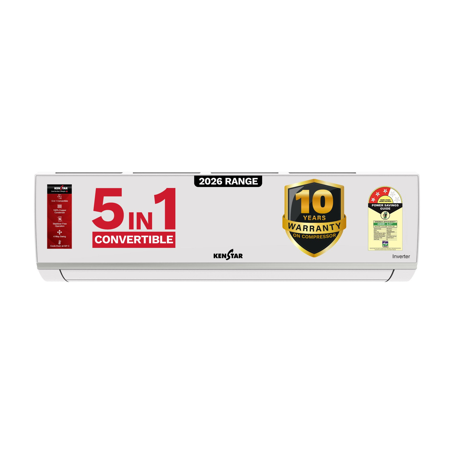 Kenstar 2026 Model 1 Ton 3 Star Split Inverter 5-in-1 Convertible with Rapid Cool Technology AC (103IPG26WKS, White) - Image 1