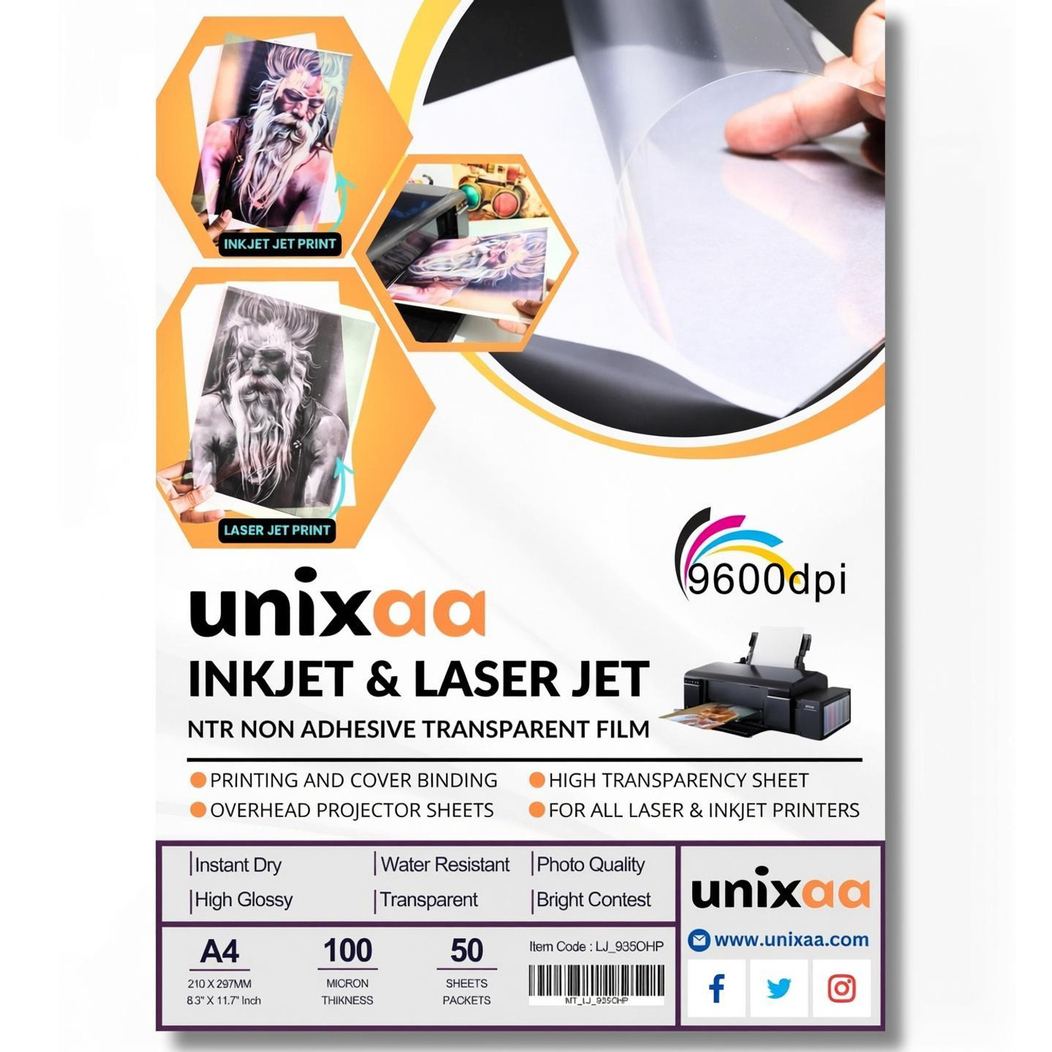 UNIXAA A4 Inkjet & Laser Jet Clear Transparent Positive IJ & LJ Coated (50 Sheet) - Image 1