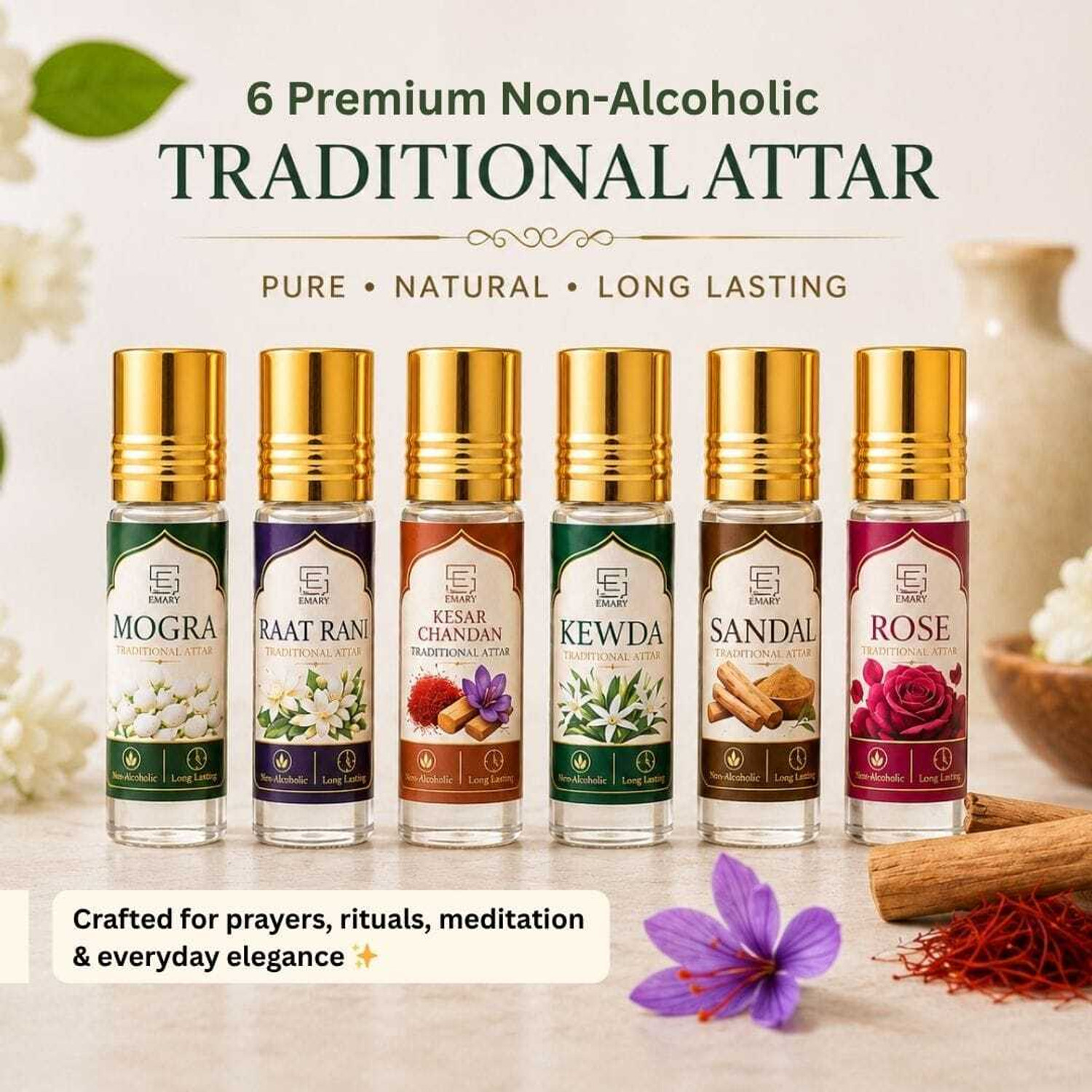 House of Emary Traditional Attar Gift Set Pack of 6 Premium Non Alcoholic Perfume Oil Floral Attar (Mogra, Kewda, Sandalwood, Rose) - Image 1
